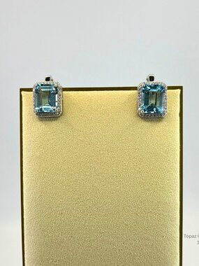 Blue Topaz CZ Halo Stud Earrings 10x8mm Statement Sparkle Gift Elegant